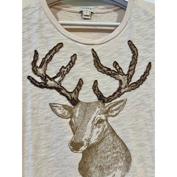 J.Crew Dazzling deer art tee  Small  Beige Embroidered Beaded Christmas Holiday - Picture 6 of 6